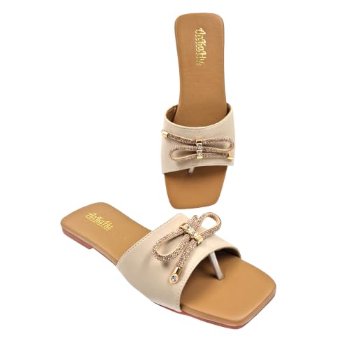Image of flats for women stylish beige cream daily use flip flops girls slippers open square toe footwear sandals | Slides for women stylish bow accent on the toe