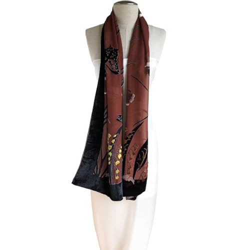 Silk Base Burn-out Velvet Oblong Shawl Scarf, Butterfly and Flora pattern, Dark Rusty Brown4