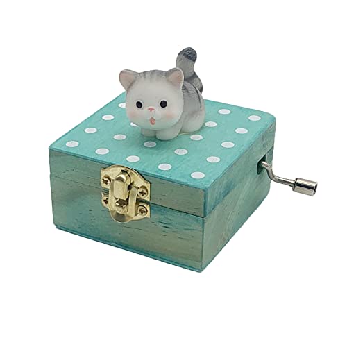 Nbcymg Gift Wrapped Mini Wooden Hand Crank Music Box with Lovely Cat (Tune: Castle in The Sky) (White Grey)