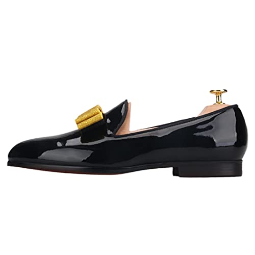 FERUCCI Men Plain Black Patent Leather with Gold Bow Slippers Loafers Prom Wedding3