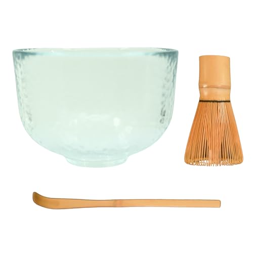 all day i eat like a shark Glass Matcha Bowl 3 Piece Set, Made in Japan, Heavy Duty Hand Made Tokyo-Glass Chawan, Heat and Cold-Resistant, Bamboo Matcha whisk (chasen), Matcha Spoon (chashaku) set