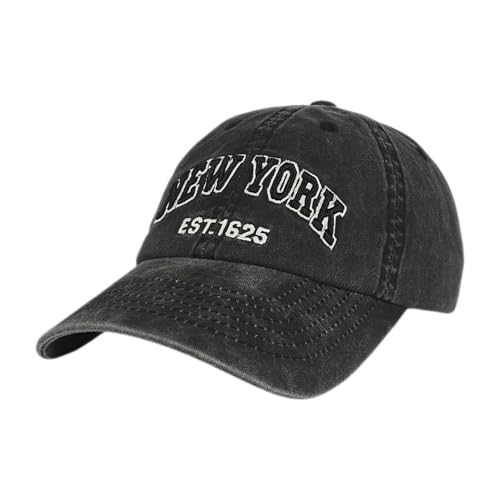 New York Vintage Wash Baseball Cap - NY Established 1625 Embroidered Hat Adjustable Metal Buckle Strap 100% Cotton Unstructured Low-Profile NY Hat for Men & Women Black