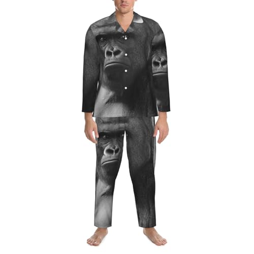 Portrait Of Gorilla Mens Pajamas Set Button Down Sleepwear Set Long Sleeve Loungewear With Pockets