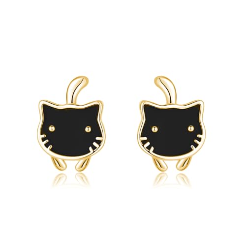 SLUYNZ 925 Sterling Silver Lovely Black Cat Earrings Studs for Women Teens Cat Studs Earrings for Cat Lovers