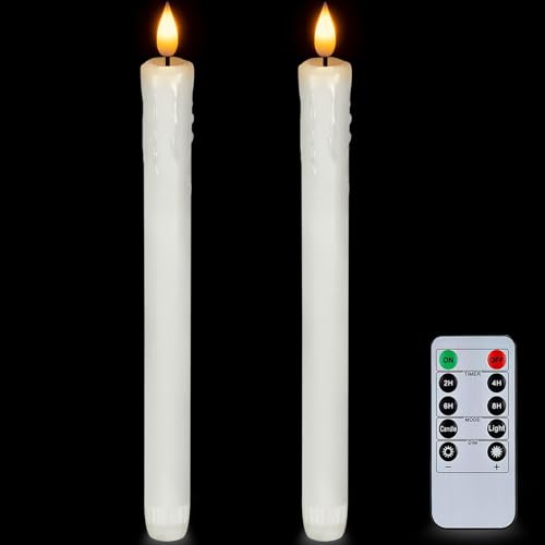 Homemory 2 Pack 9.6 inch 3D Wick Flickering Flame Taper Candles with Remote and Timer LED Candle Sticks Battery Power Dripless Real Wax Window Candles