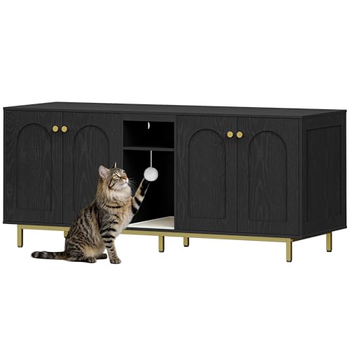 Hzuaneri Katzenschrank für 2 Katzen, Katzenklo Schrank, Katzenhaus Versteckt mit Doppelräumen, Mit Stauraum, Plüschbälle, Kann als Fernsehschrank,...