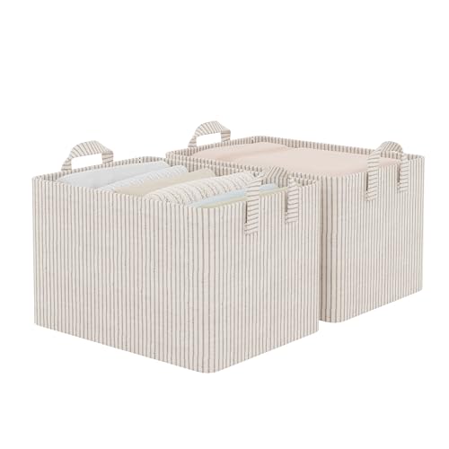 Image of StorageWorks Storage Bins, Fabric Storage Bins for Shelves, Large Storage Baskets with Metal Frame, Closet Baskets and Bins with Handles, Khaki and Beige Stripes, 2-Pack
