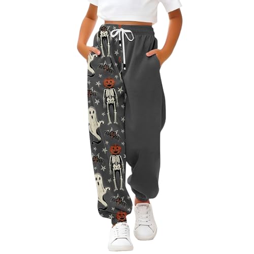 Teen Kids Halloween Cotton Sweatpants Straight Fleece Cute Pumpkin Joggers Pants Boys Girls Drawstring Elastic Trousers