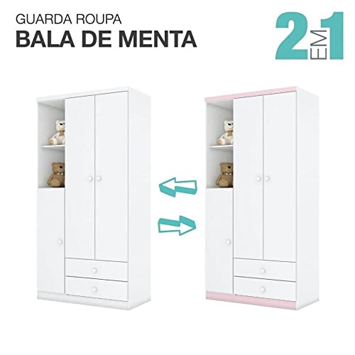 Guarda Roupa 3 Portas Bala de Menta Cor Flex Henn Branco ou Branco/rosa Chá