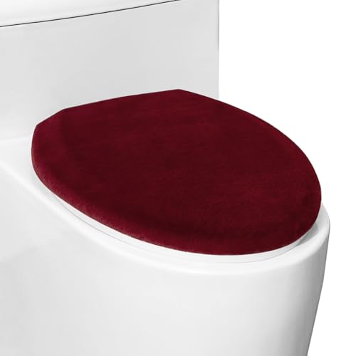 Comfortable Soft Plush Toilet Lid Cover for Bathroom Machine Washable Toilet Seat Covers Fits Most Round Elongated and Oblong Lids Easy Installation& Cleaning (Burgundy)
