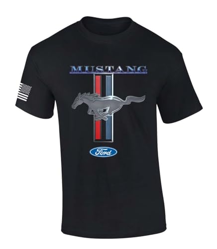 Ford Mustang T-Shirt Pony & Stripes Logo Classic Retro Design Racing Performance Car Enthusiast Garage Tee Authentic-Bl-XL