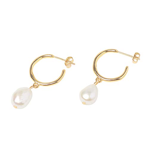 CAITLYNMINIMALIST 18K Gold Plated Sterling Silver Margot Freshwater Pearl Charm Dangle Drop Stud Hoop Earrings for Women