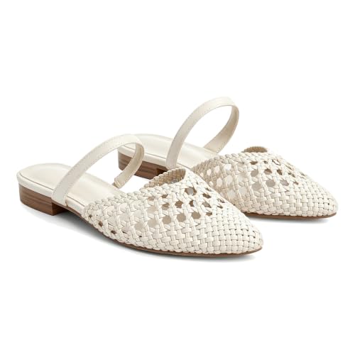 Image of Mesh Mules for Women Comfy Raffia Woven Strap Closed Pointed Toe Mule Flats Casual Slip on Dress Slides Flats