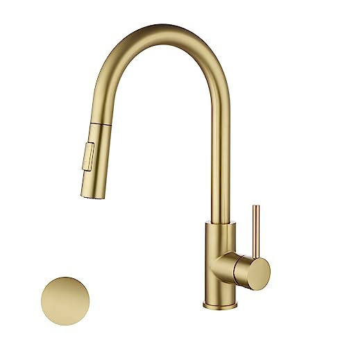 Havin Rubinetto da cucina in oro con spruzzo estraibile, realizzato in ottone e acciaio inox, con piano placcato 25,4 cm, adatto per lavelli da cucina 1 e 3 fori, oro spazzolato HV601G
