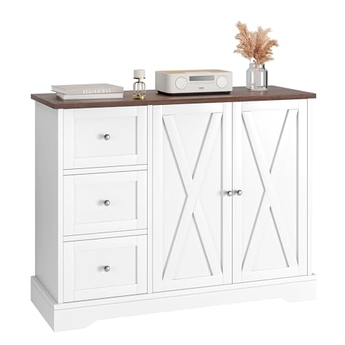 GarveeHome Buffet Cabinet with Storage, Farmhouse Kitchen Cabinet with 3 Drawers and 2 Doors for Kitchen, Dining Living Room, White