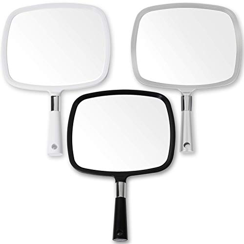 Mirrorvana Large & Comfy Hand Held Mirror with Handle - Barber Model in Black, Professional Salon Model in White, and Professional Salon Style in Silver Bundle