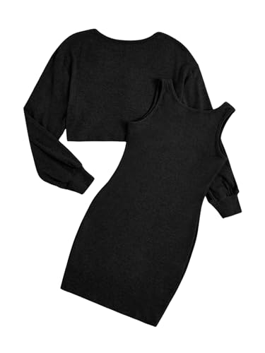 Verdusa Girl's Midi Dress 2 Piece Fall Sets Ribbed Knit Button Up Crop Cardigan and Tank Dress2