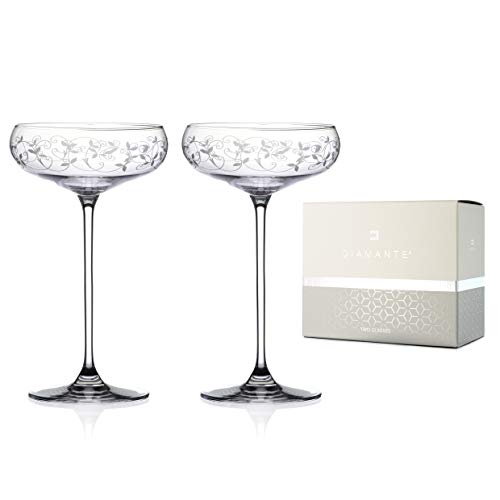 DIAMANTE Champagne, Cocktail or Prosecco Coupes/Saucers Glasses Pair with Arabesque Floral Etched Design in a Gift Box - Image 3