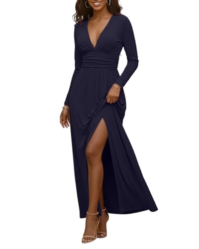 Image of Womens Backless Dress Sexy Halter Deep V Neck Maxi Dresses Sleeveless Long Cocktail Dress with Slit