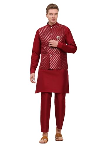 Mens Indian Traditional Silk Kurta Set With Jacket For Men Floral Design (C-114)