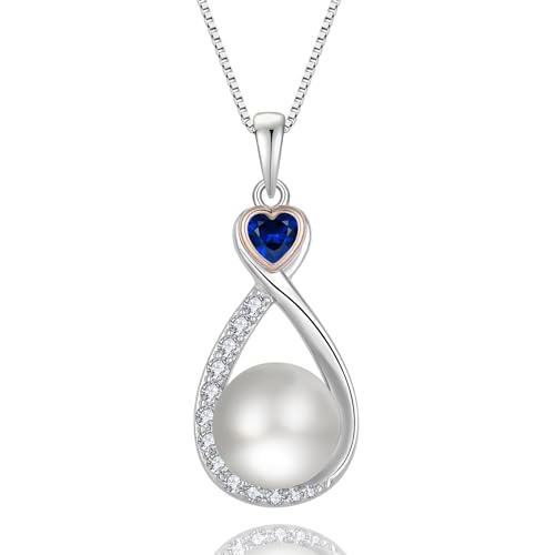 Heart Birthstone Pearl Pendant Necklace, 925 Sterling Silver Infinity Necklace with 10mm Freshwater Cultured Pearl & 4mm Gemstone Jewelry for Women