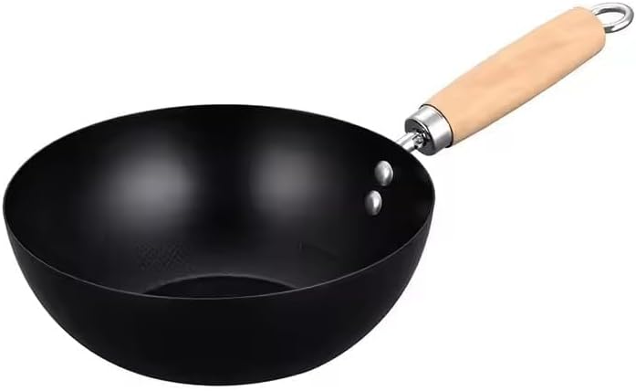 Non Stick Black Frying Pan with Wooden Handle | Deep Wok Kadai for Stir Fry, Noodles, Curry | Gas & Induction Compatible Cookware Carbon Steel Non Stick Wok Pan for Home Use (24 Cm)