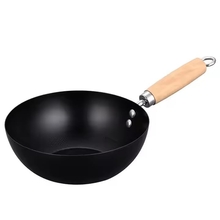 Non Stick Black Frying Pan with Wooden Handle | Deep Wok Kadai for Stir Fry, Noodles, Curry | Gas & Induction Compatible Cookware Carbon Steel Non Stick Wok Pan for Home Use (24 Cm)