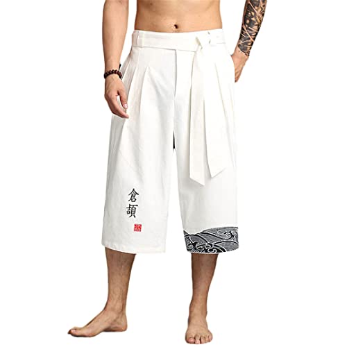 Pantalones tradicionales japoneses kimono para hombre, ropa asiática, pantalones de baño, estilo japonés, informal, holgado, yukata de lino, pantalones cortos, blanco, 2XL Weight 75-85KG