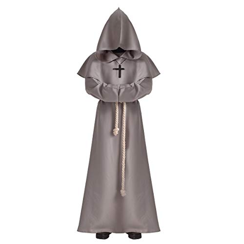 BLESSUME Monje Disfraz Sacerdote Fraile Medieval Encapuchado Renacimiento Túnica (XL, Gris)