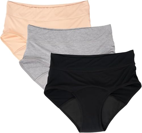 Evella Womens Leakproof Incontinence Underwear Washable Reusable Bladder Control Panties 3-Pack Multicolor (Black Beige Grey) Large