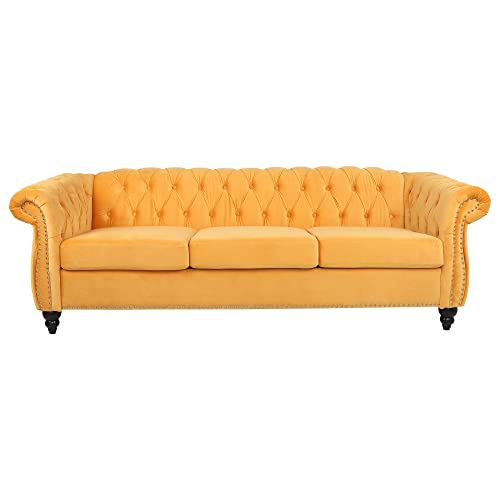 RARZOE Chesterfield Classic Sofa, Mordern 3 Seater Velvet Sofa Couch, Tufted Back Chesterfield Settee Sofas with Nailhead Trim Scroll Arms for Living