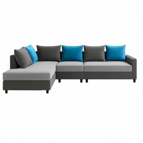 Image of FURNY Glory 6 Seater LHS Fabric Sofa Set (Dark Grey-Light Grey-Aqua Blue) with Velvet Finish | Durable Comfort | Ideal for Living Room | Breathable material