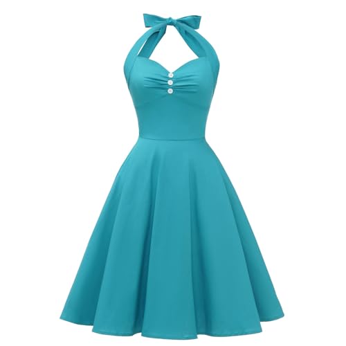 Retro-Stil, Plissiertes Neckholder-Kleid, schmal, V-Ausschnitt, Schnürung, Dendrobiumblau, modisches Swing-Kleid, Performance-Kleidung, Blau, XXL