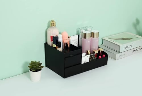Image of PAXCOO skin care organizer, makeup desk organizer with drawers, countertop organizer for cosmetics, vanity brush with holder for lipstick, brushes, eyeshadow and jewelry desktop finish dresser-Black