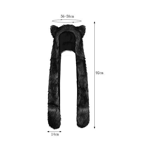 ITODA Faux Fur Wolf Animal Hood Hat 3 in 1 Furry Cosplay Costume Cartoon Hoodie Cap with Paw Gloves Scarf Plush Warmer Hat2