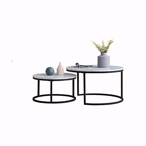 Mesas Gigognes Redondas de Mármol Blanco, Set de 2, Base Metálica Negro, Estilo Moderno