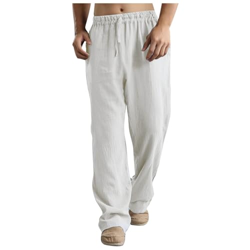 DuDubaby Men's Pants Casual Linen Loose Fit Straight-Legs Elastic Drawstring Waist Summer Beach Yoga Workout Trousers