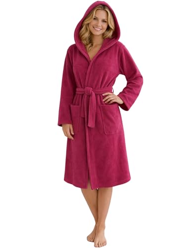 Morgenstern Bademantel Damen mit Kapuze 100% Baumwolle Frottee OEKO-TEX® Morgenmantel Marina Fuchsia Gr. L