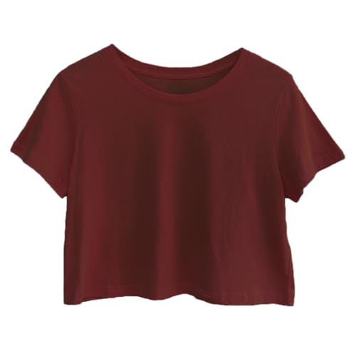 Image of Womens 100% Cotton Crop Tops Short Sleeve Crewneck Loose Fit Basic Tee Summer Casual Workout T-Shirt Fashion Clothes