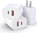 3-Pack USB C Block, 20W Dual Port PD+QC, USB C Charger Wall Adapter, Fast Type C Charging Plug Compatible with iPhone 17,16,15,14,13,12,11, Pro Max, X, XS, Galaxy Phone