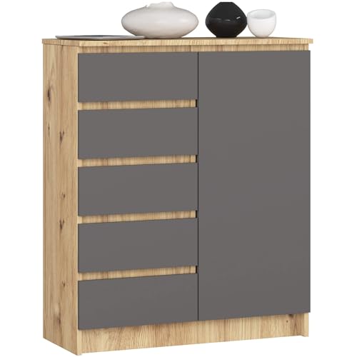 AKORD Kommode K80 mit 5 Schubladen, Schrank mit 1 Tür 3 Regalböden, Für das Wohnzimmer Schlafzimmer, Moderne, 16mm Laminierte Platte, B80xH97xT35 cm, Farbe Artisan-Eiche & Graphitgrau