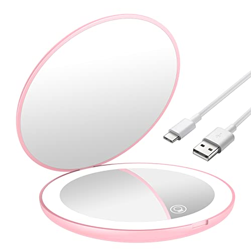 WOBANE LED-beleuchteter kompakter Make-up-Spiegel, wiederaufladbarer Reise-Vergrößerungsspiegel, Handtaschenspiegel, 1-fache,10-fache Vergrößerung, rosa, süßes Geschenk Cover