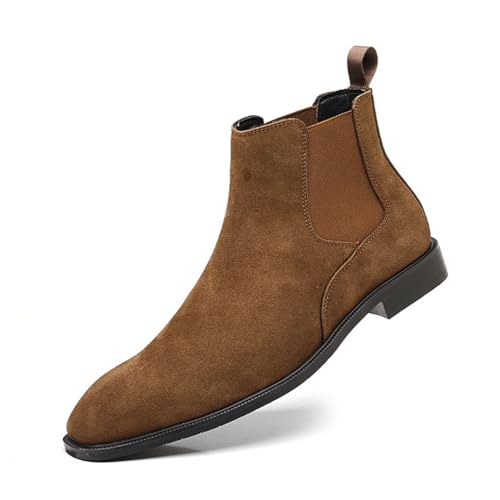 OXNGDMDM Men's Suede Chelsea Boots Cap Round Toe Low Heel Classic Side Elastic Band Slip On Comfortable Fashion Dress Ankle Boots for Work Business Daily Wear (Brown,11.5)