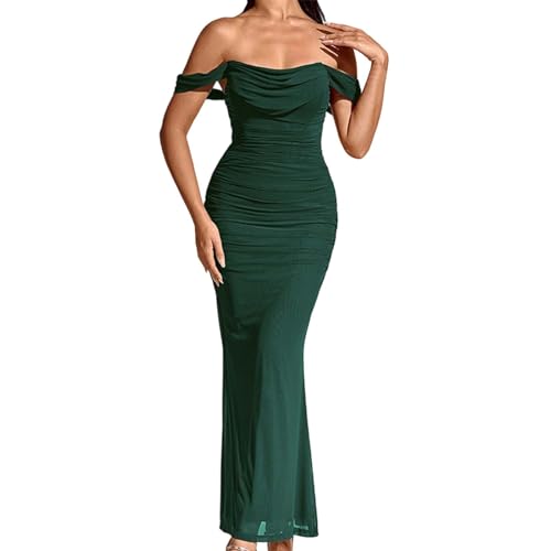 Dresses Womens 2025 Summer Off The Shoulder Dress Ruched Bodycon Sleeveless Split Cocktail Party Maxi Dresses (Green, S)