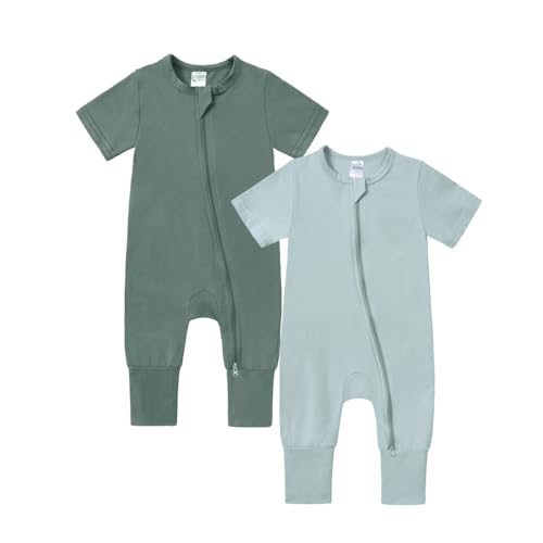 Image of JunNeng Baby Boy Girl 2Pcs Rompers Short Sleeve Sleeper Infant Cotton 2-way Zippers Comfy Summer Jumpsuit