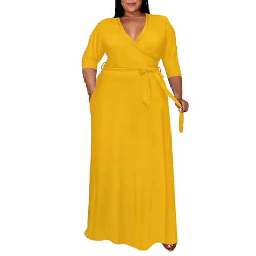 Image of Runwind Plus Size Dress for Women - 3 /4 Sleeve V Neck Maxi Dresses for Women (XL-6XL)