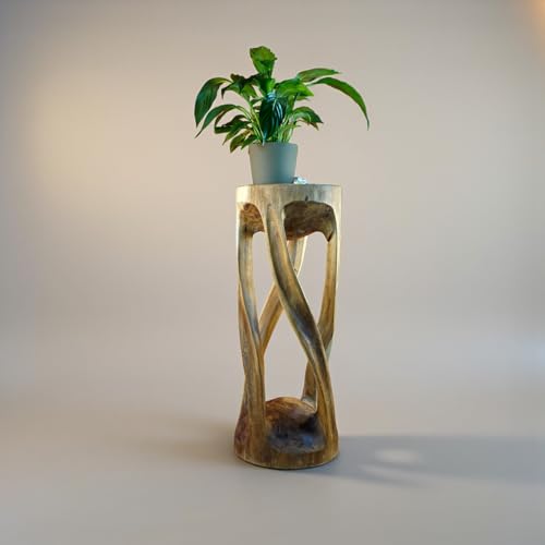 Mesa auxiliar de madera maciza – Mesa auxiliar de madera hecha a mano LAHAN RAI con columnas retorcidas – Soporte para flores y mesa de columnas de estilo asiático – Única para salón y pasillo – 76 cm
