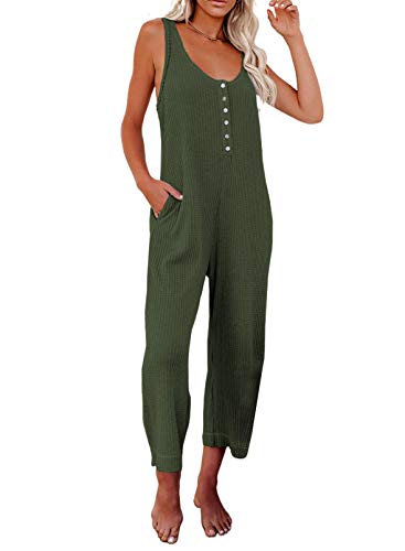 Happy Sailed Womens Loose Sleeveless Scoop Neck Tank Top Long Thermal Knit Jumpsuit Rompers With Pockets Green M #TOP30