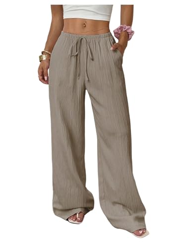 MakeMeChic Women's Casual Wide Leg Pants Summer Beach Palazzo Pants Khaki Medium