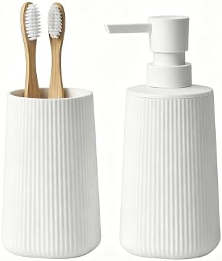 GAHEFY White Bathroom Accessories Set, 2-Piece Soap Dispenser and Toothbrush Holder Set, Modern ABS Countertop Bathroom Set for Bathroom Vanity (White)
